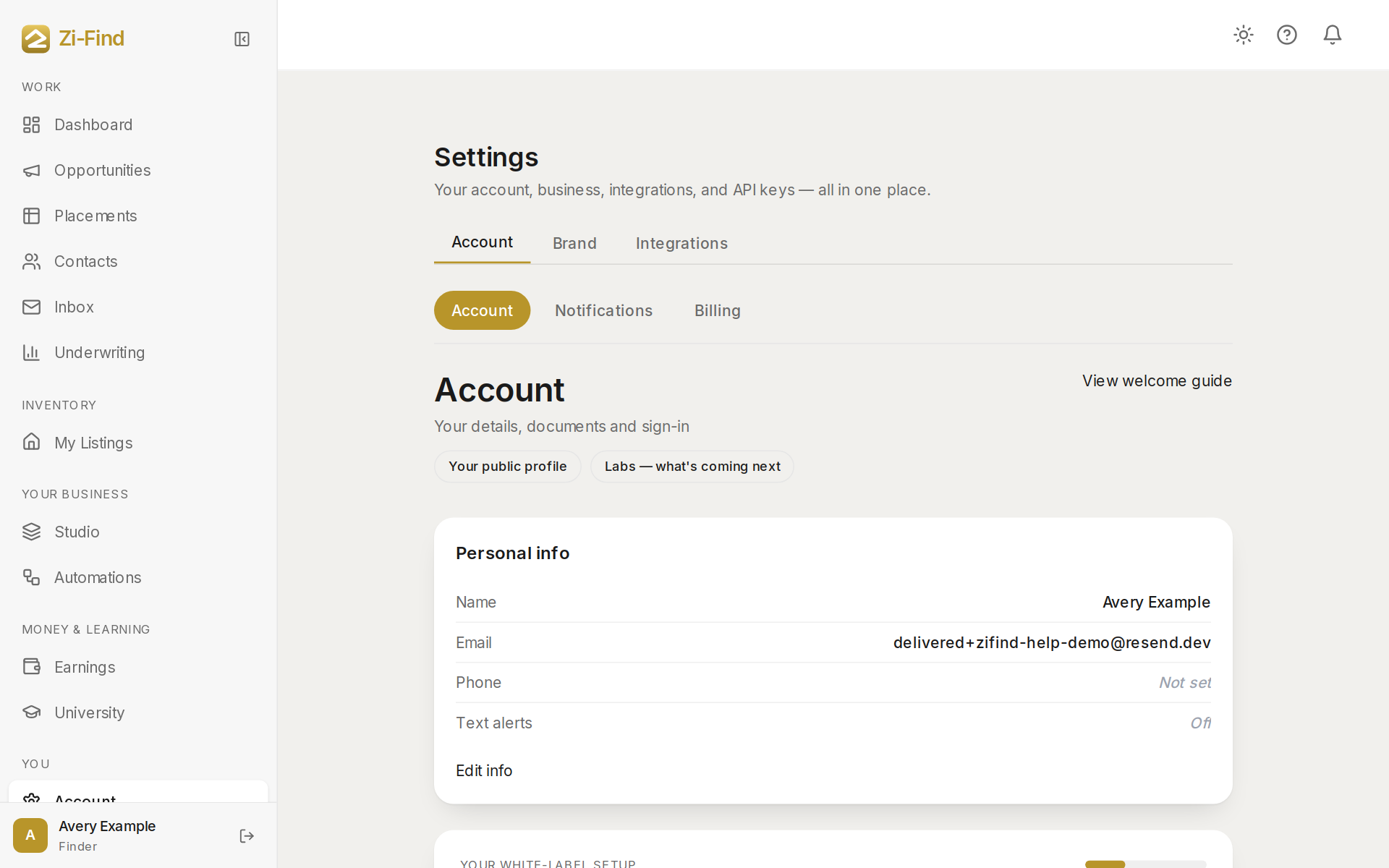 Account page with tabs for account details, notifications and billing