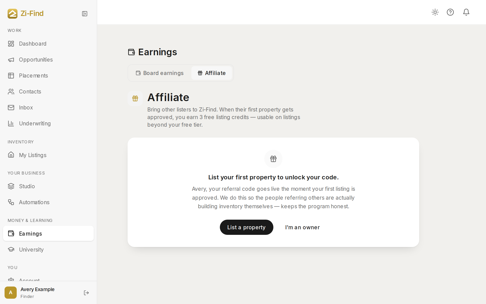 Affiliate tab with referral code and credit counters