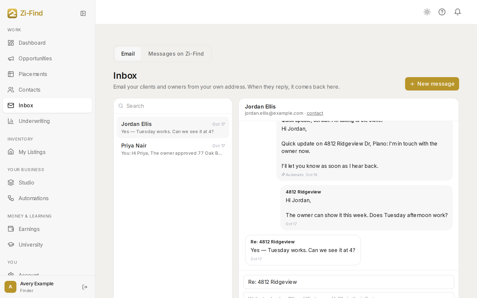 The Inbox with a list of contacts and an email thread