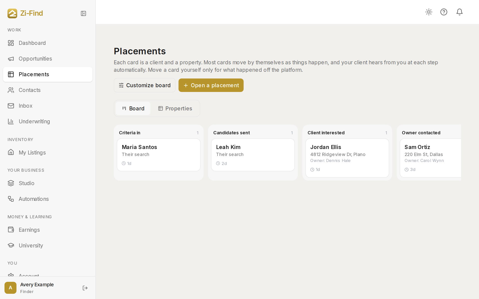 The placements board with client cards in each stage