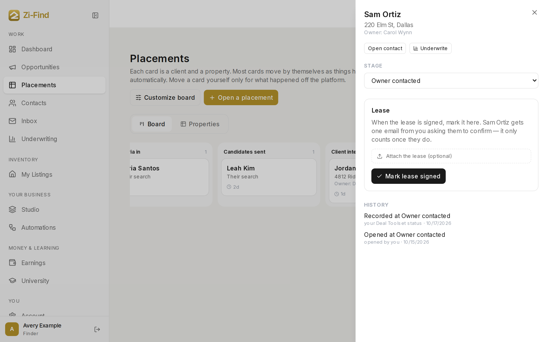 An open placement card showing stage, lease and history
