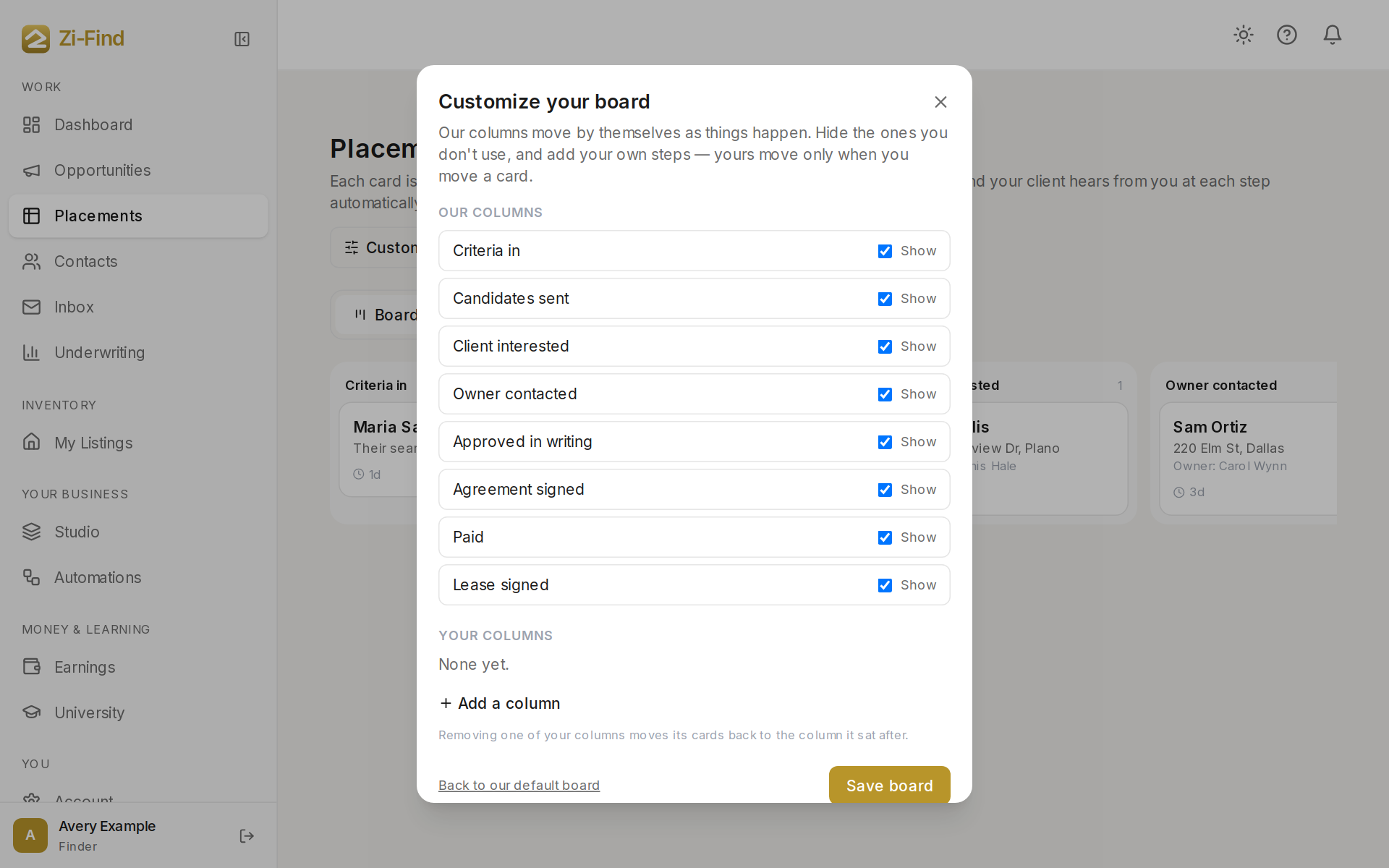 The Customize your board window with Our columns and Your columns