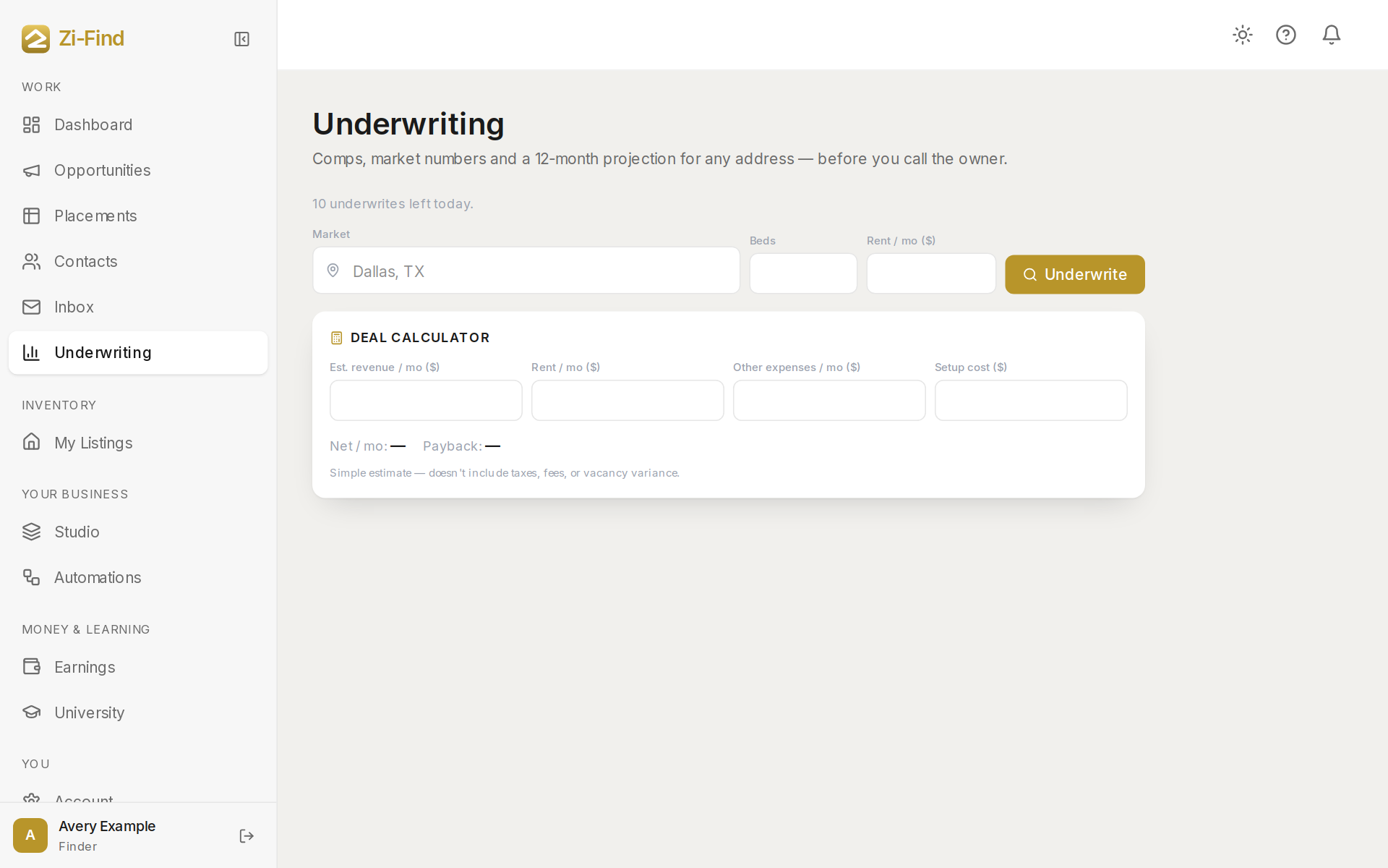 Underwriting with an estimate, comps and expenses